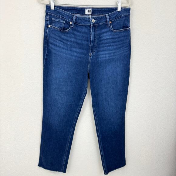 Paige Womens Cindy Denim Jeans Size 34 High Rise Straight Raw Hem Devoted Blue - Picture 1 of 9